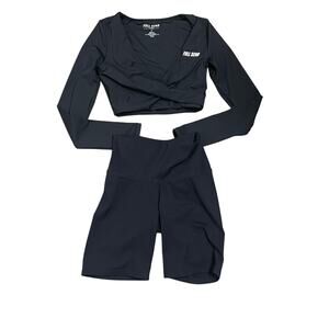 Full Send Workout Set XS Black Crossover Cropped Top Bike Shorts Athleisure Gym